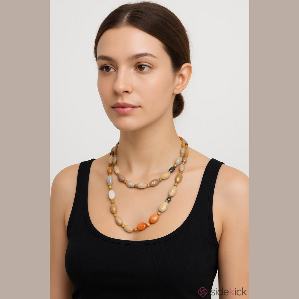 Brooks Brothers Agate Bead Necklace in Orange, Cream & Green Gold Tone Jewelry
